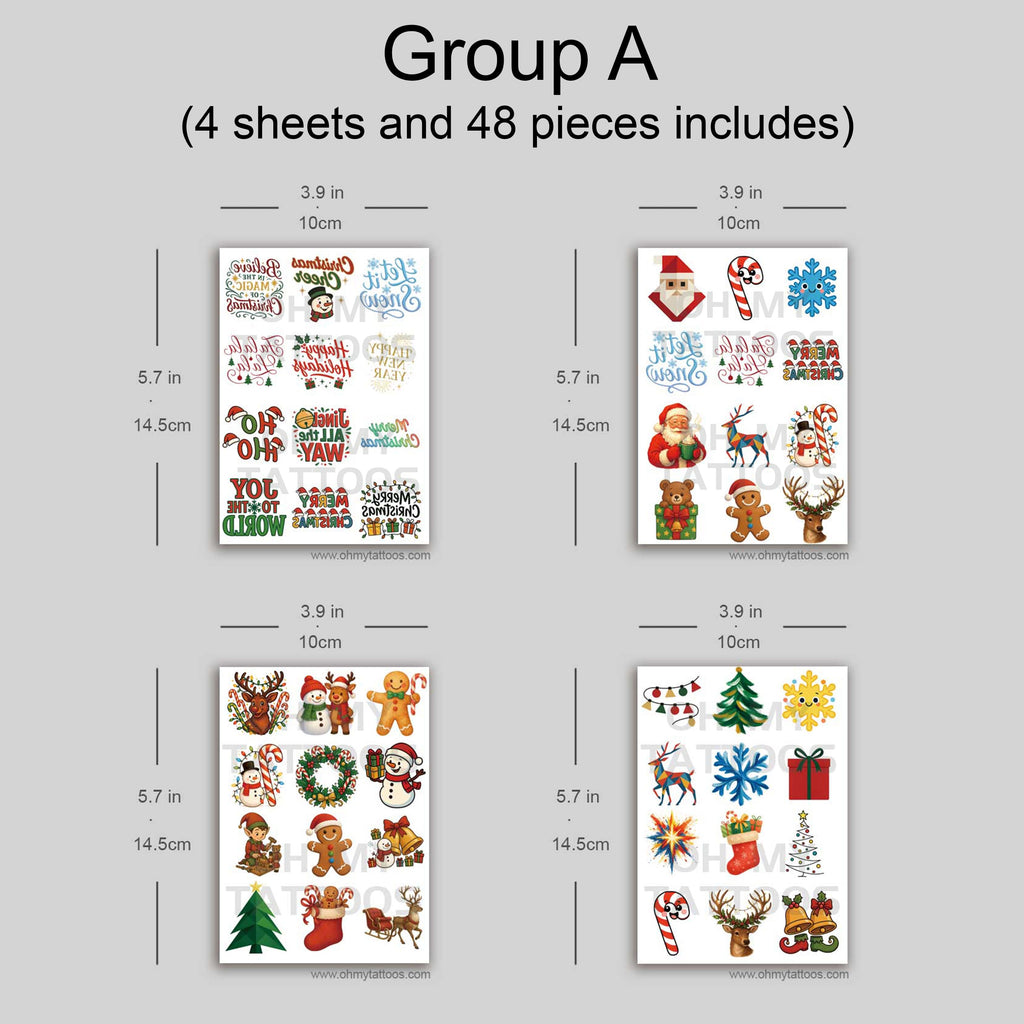 Christmas Holiday Cheer Temporary Tattoo Collection - 8 Sheets, 96 Designs