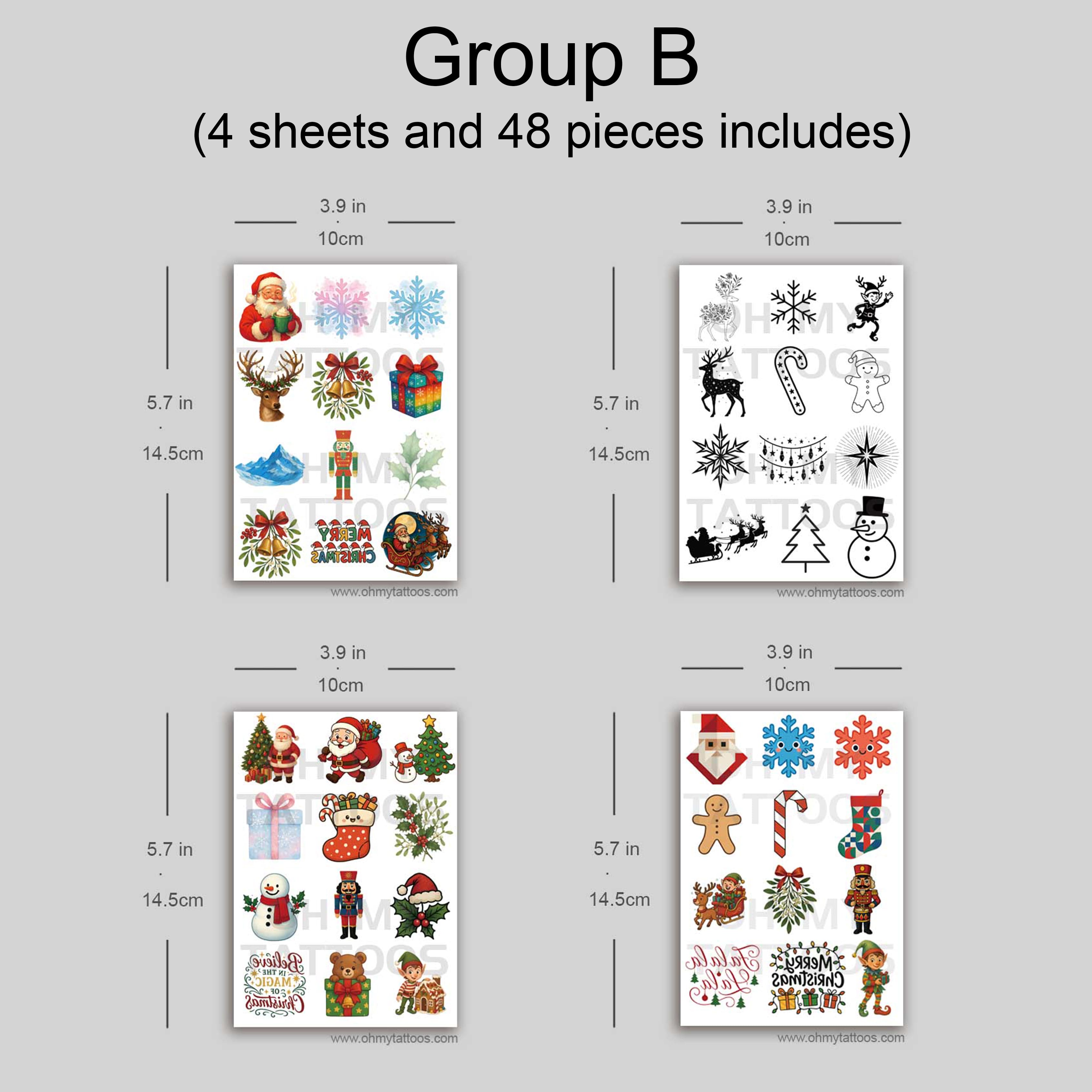 Christmas Holiday Cheer Temporary Tattoo Collection - 8 Sheets, 96 Designs