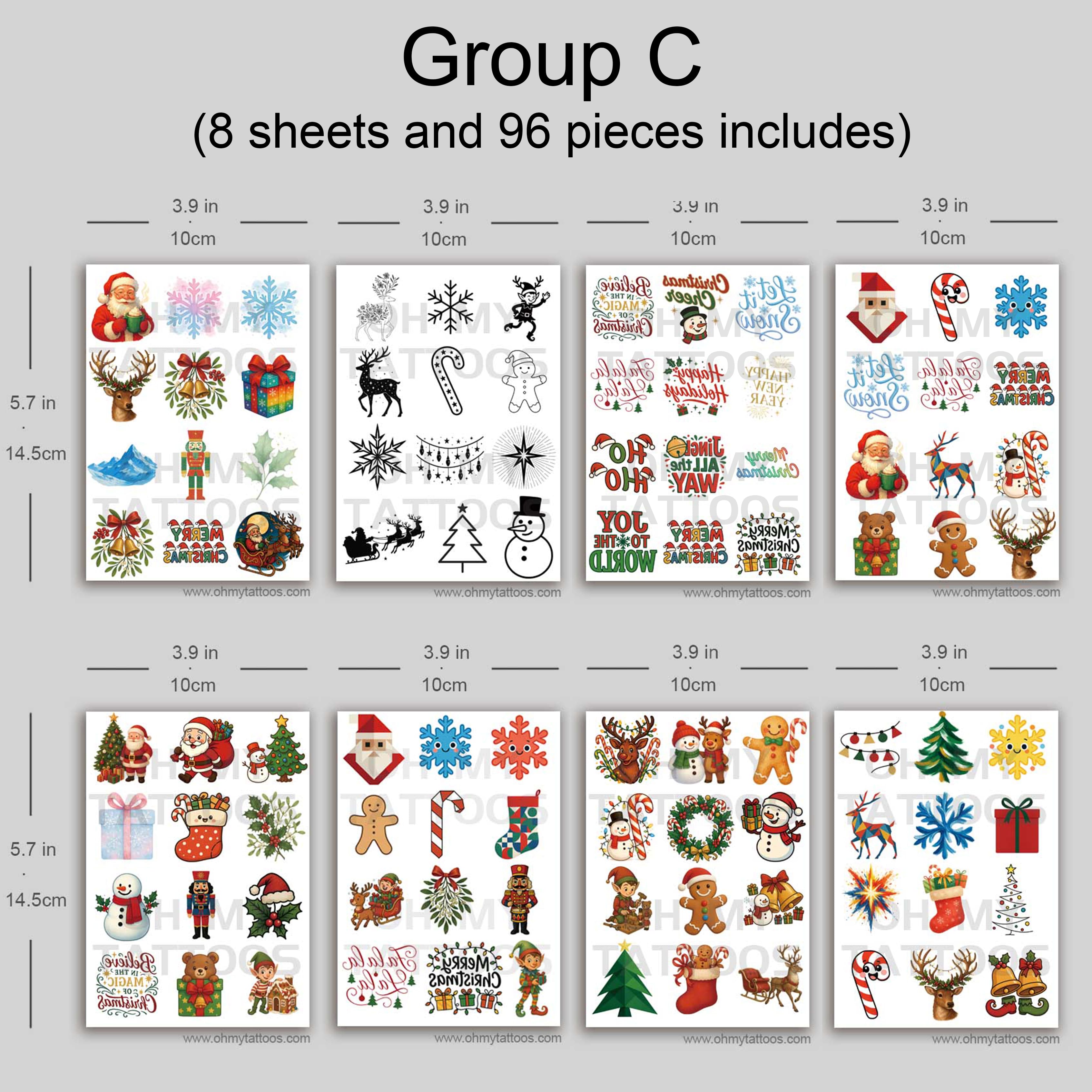 Christmas Holiday Cheer Temporary Tattoo Collection - 8 Sheets, 96 Designs