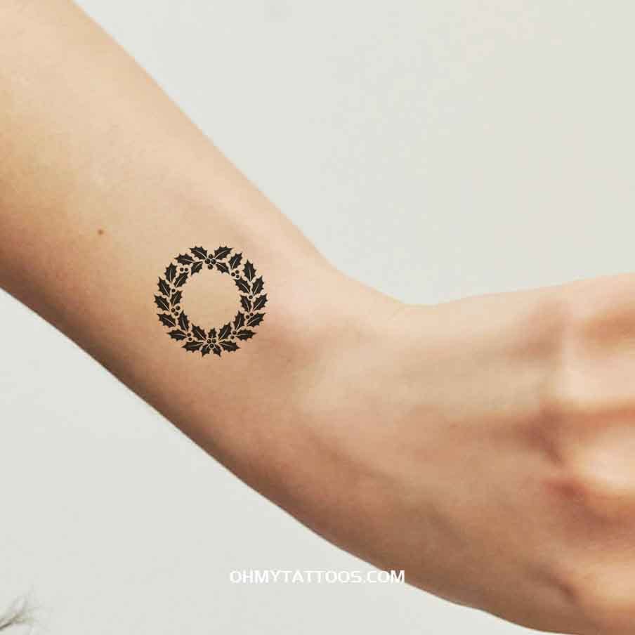 OHMYTATTOOS Black Christmas Wreath with Holly Temporary Tattoo(Set of 3)