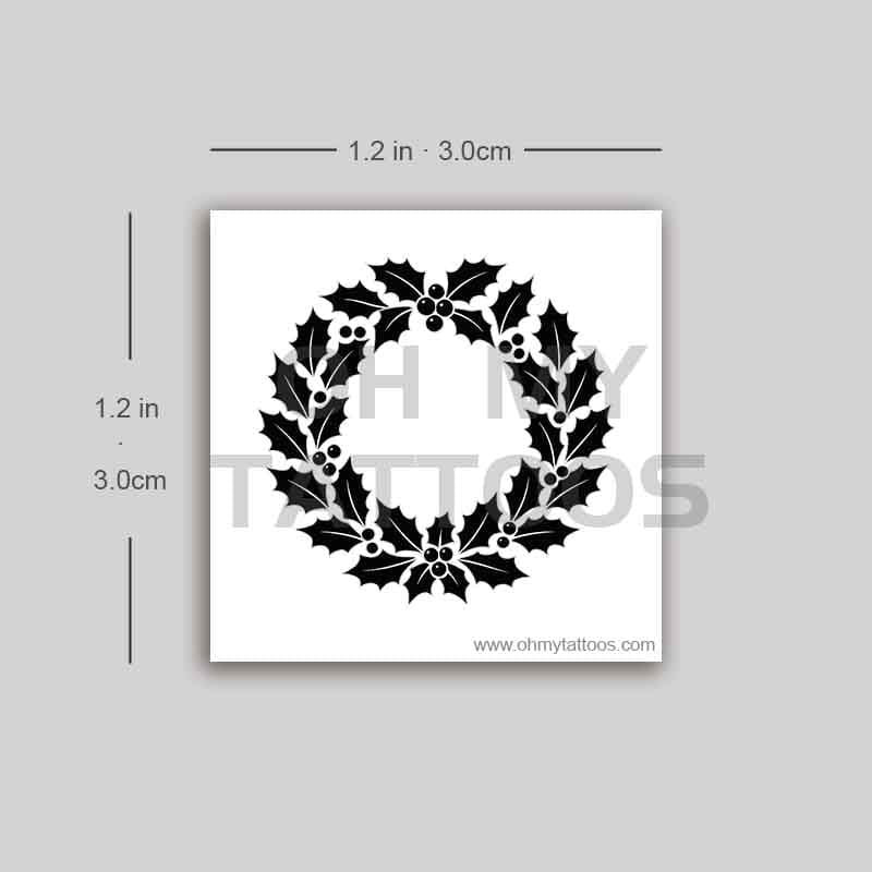 OHMYTATTOOS Black Christmas Wreath with Holly Temporary Tattoo(Set of 3)