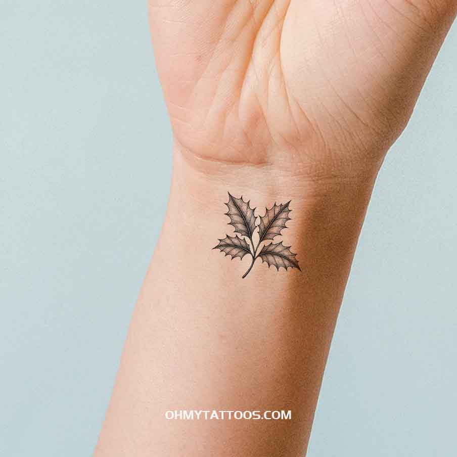 OHMYTATTOOS Black Holly Leaves Temporary Tattoo with Fine Line Detailing(Set of 3)