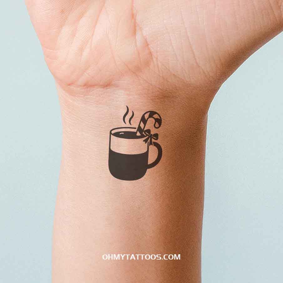 OHMYTATTOOS Black Hot Chocolate Mug with Candy Cane Temporary Tattoo(Set of 3)