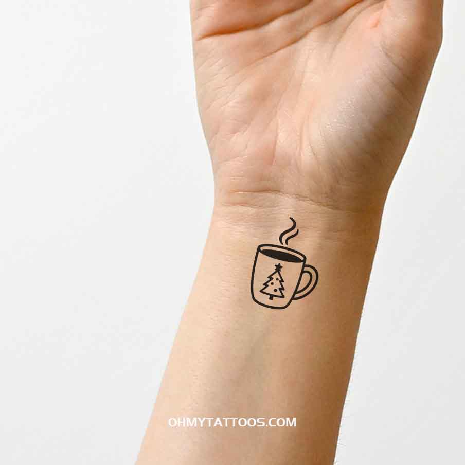 OHMYTATTOOS Black Hot Chocolate Mug with Christmas Tree Temporary Tattoo(Set of 3)