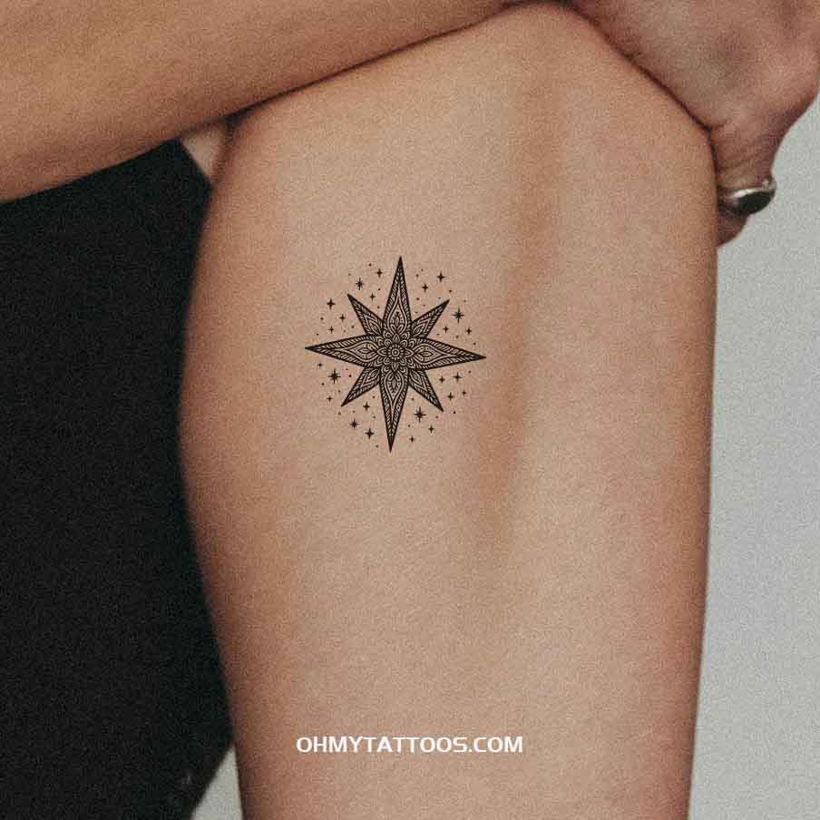OHMYTATTOOS Black Star of Bethlehem with Detailed Pattern Temporary Tattoo(Set of 3)