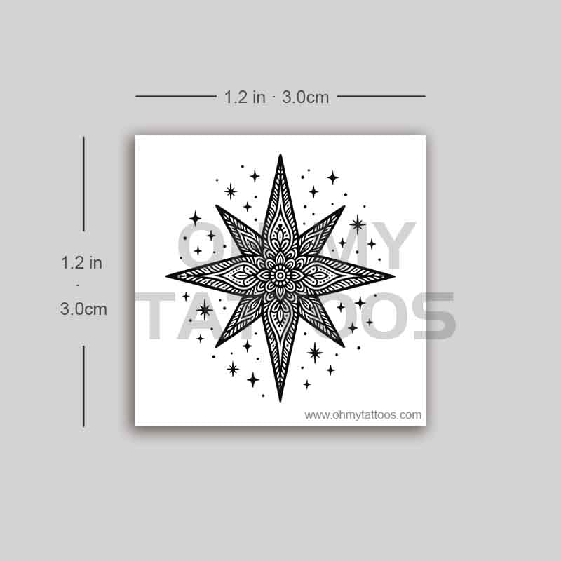 OHMYTATTOOS Black Star of Bethlehem with Detailed Pattern Temporary Tattoo(Set of 3)