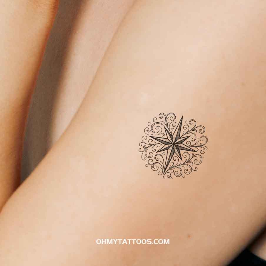 OHMYTATTOOS Black Star of Bethlehem with Elegant Swirls Temporary Tattoo(Set of 3)