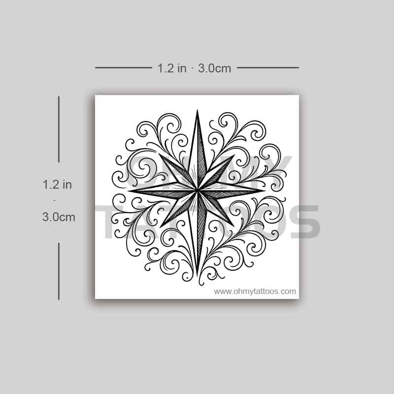 OHMYTATTOOS Black Star of Bethlehem with Elegant Swirls Temporary Tattoo(Set of 3)