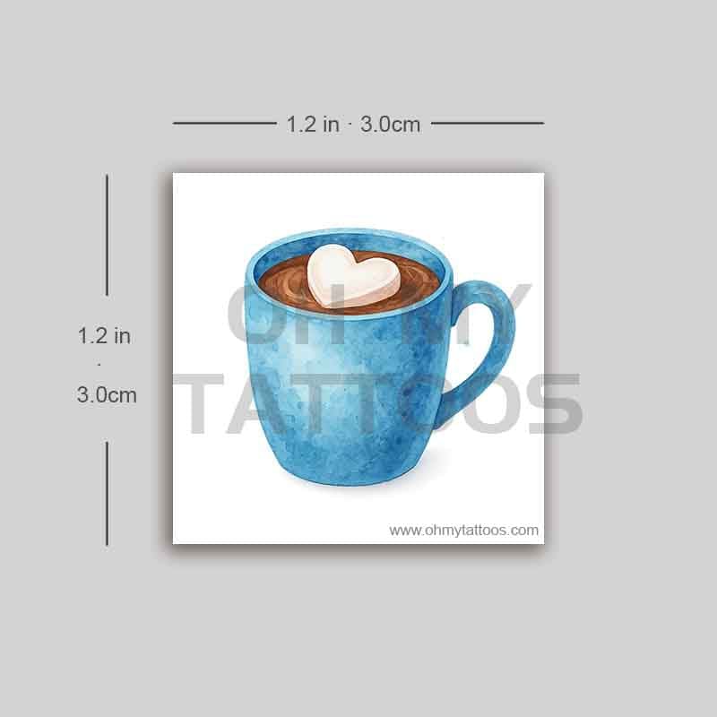 OHMYTATTOOS Blue Watercolor Hot Chocolate Mug with Heart-Shaped Marshmallow Temporary Tattoo(Set of 3)