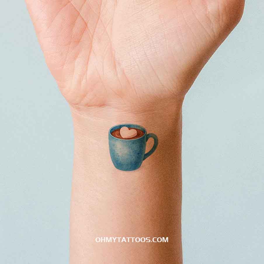 OHMYTATTOOS Blue Watercolor Hot Chocolate Mug with Heart-Shaped Marshmallow Temporary Tattoo(Set of 3)