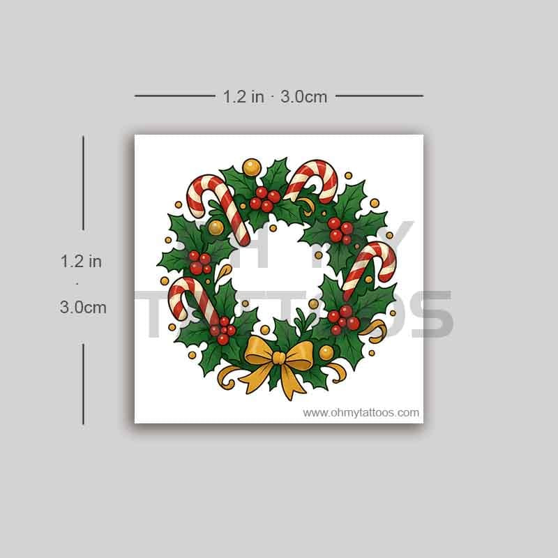 OHMYTATTOOS Candy Cane Christmas Wreath Temporary Tattoo(Set of 3)
