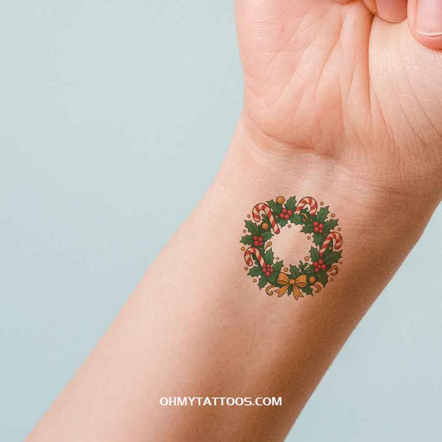 OHMYTATTOOS Candy Cane Christmas Wreath Temporary Tattoo(Set of 3)