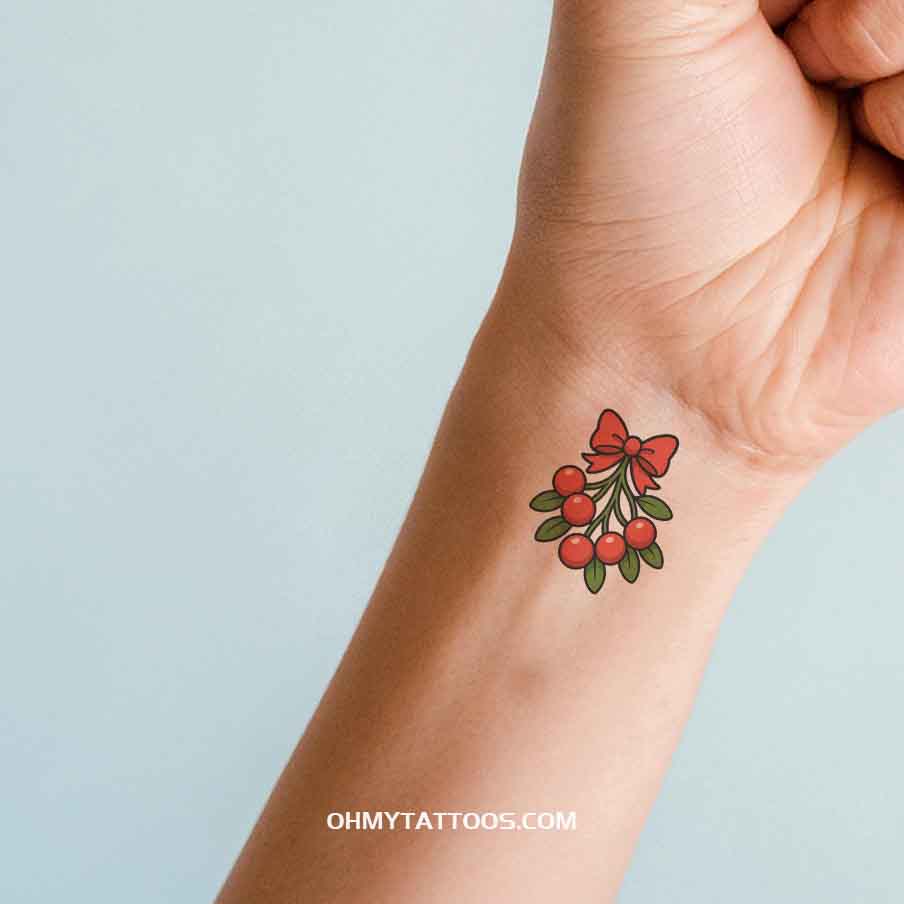 OHMYTATTOOS Cartoon Mistletoe with Red Bow Temporary Tattoo(Set of 3)
