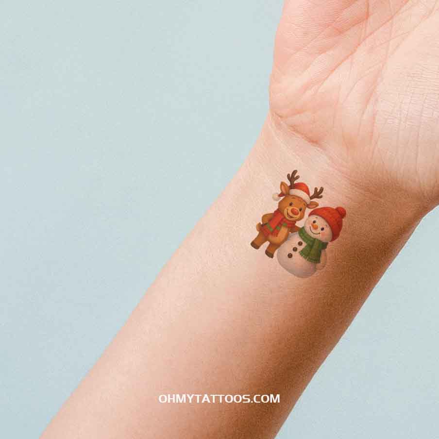OHMYTATTOOS Cartoon Reindeer and Snowman Temporary Tattoo(Set of 3)