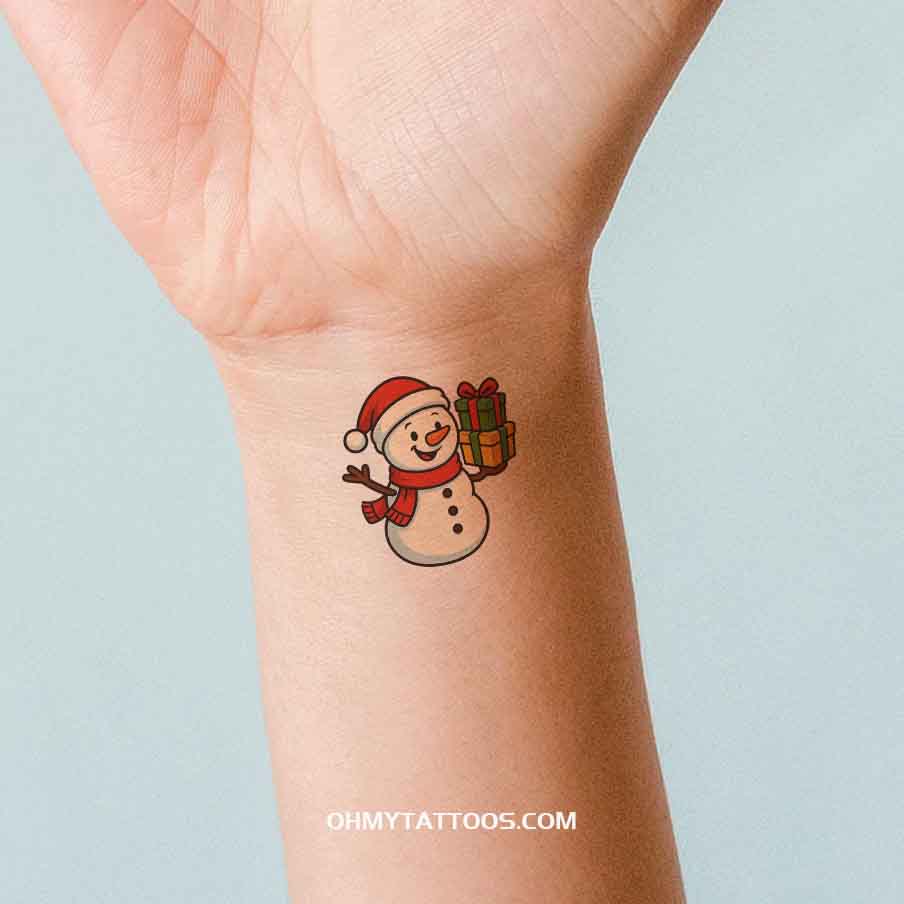 OHMYTATTOOS Cartoon Snowman with Presents Temporary Tattoo(Set of 3)
