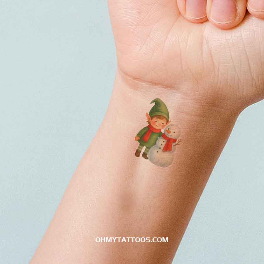 OHMYTATTOOS Chibi Elf and Snowman Christmas Temporary Tattoo(Set of 3)