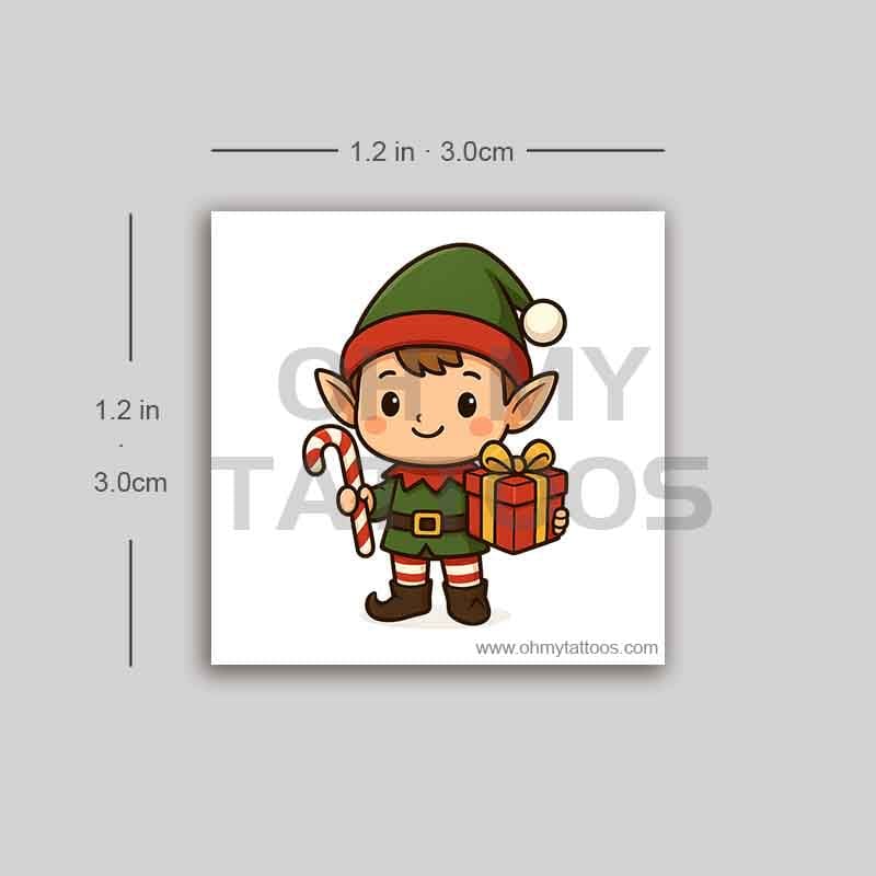 OHMYTATTOOS Chibi Elf with Candy Cane and Gift Temporary Tattoo(Set of 3)