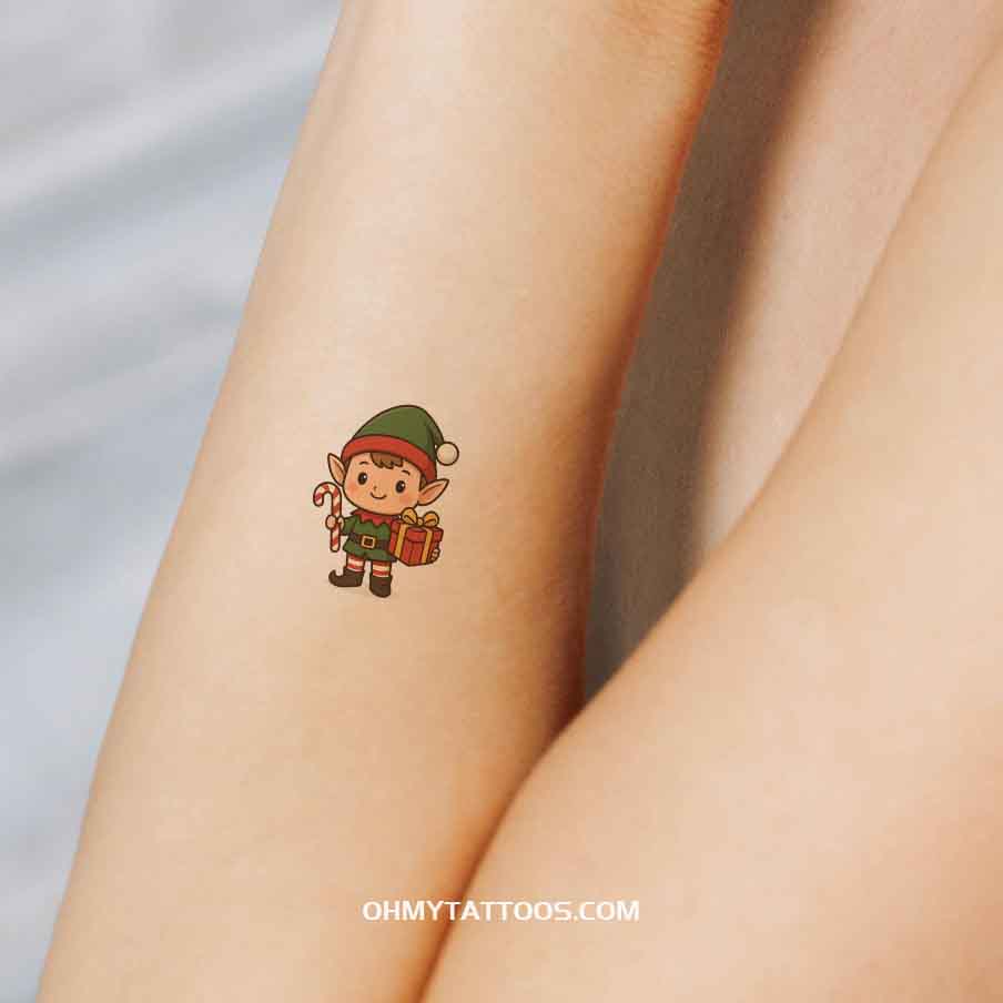 OHMYTATTOOS Chibi Elf with Candy Cane and Gift Temporary Tattoo(Set of 3)