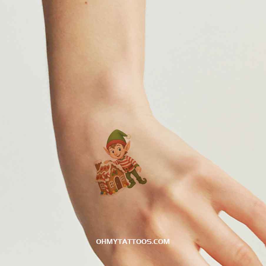 OHMYTATTOOS Chibi Elf with Gingerbread House Temporary Tattoo(Set of 3)