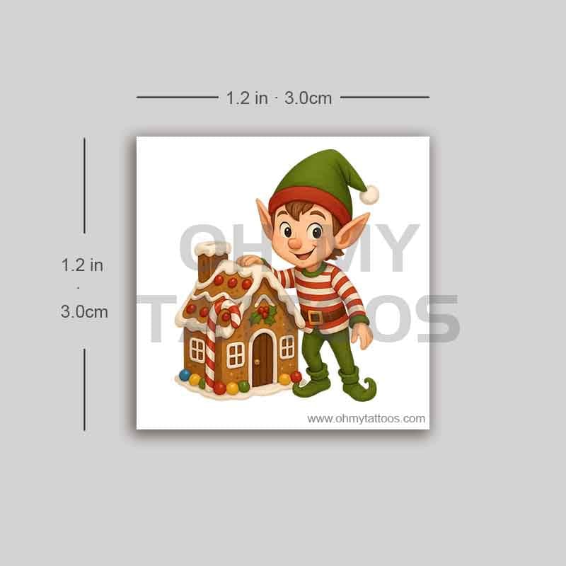 OHMYTATTOOS Chibi Elf with Gingerbread House Temporary Tattoo(Set of 3)