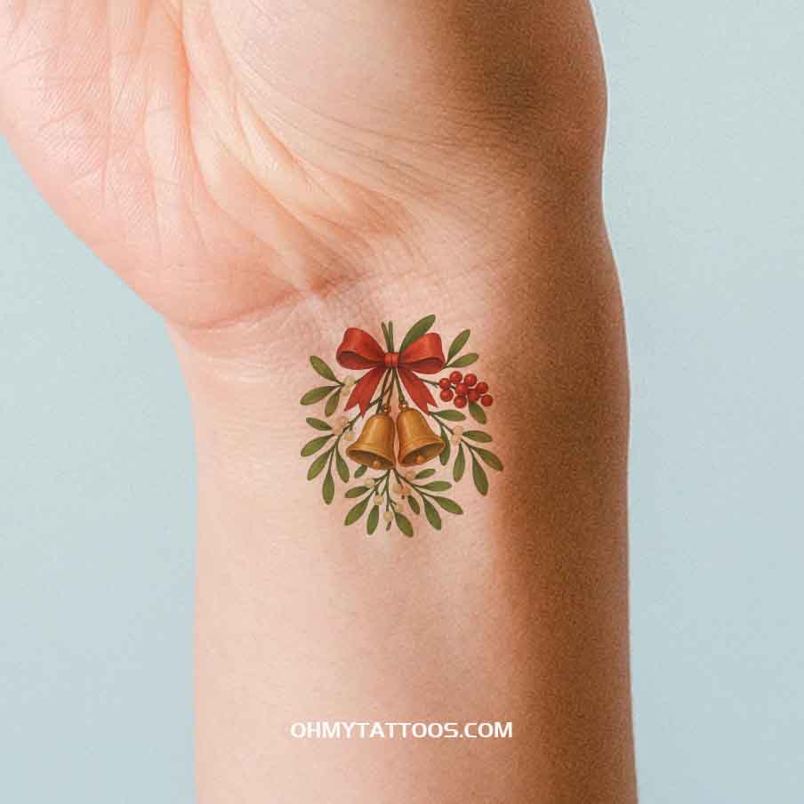 OHMYTATTOOS Christmas Bells and Mistletoe with Red Bow Temporary Tattoo(Set of 3)