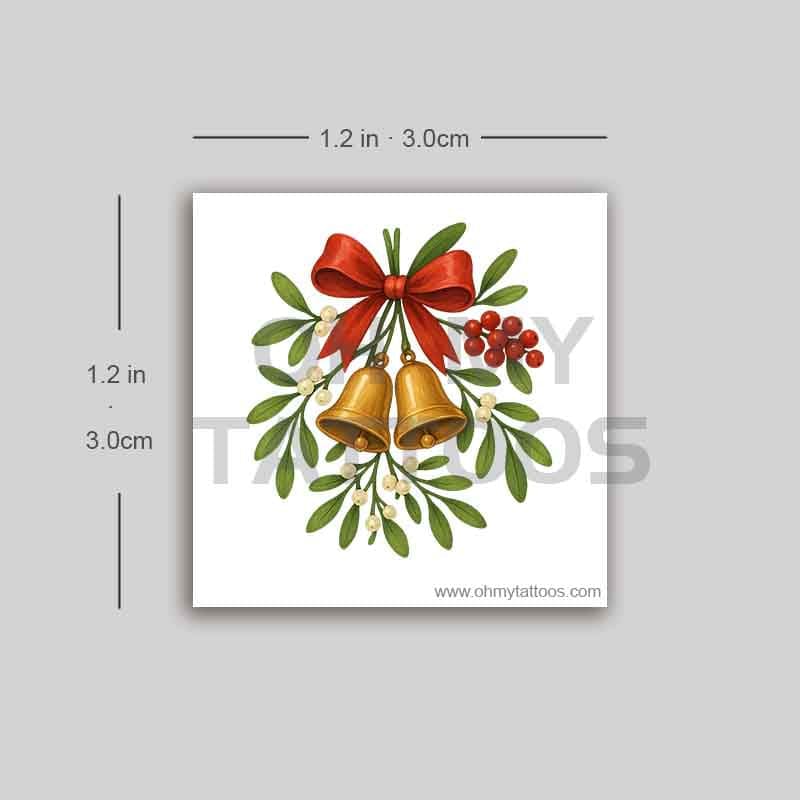 OHMYTATTOOS Christmas Bells and Mistletoe with Red Bow Temporary Tattoo(Set of 3)