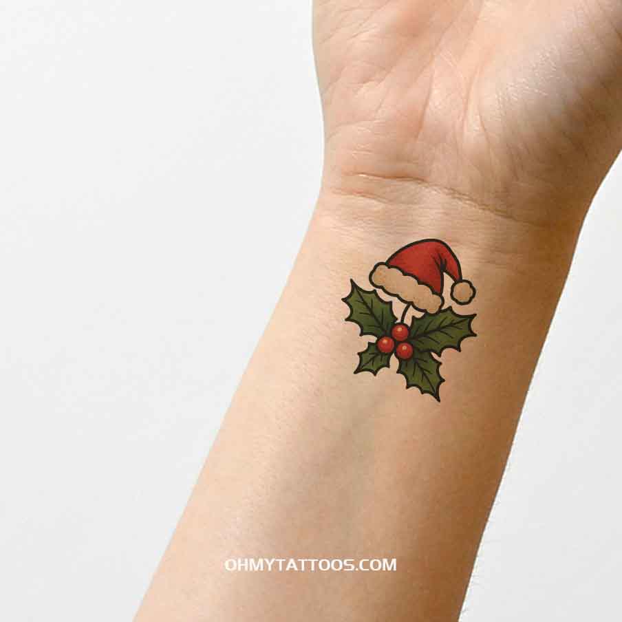 OHMYTATTOOS Christmas Holly Leaves with Santa Hat Temporary Tattoo (Set of 3)