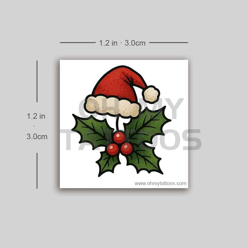 OHMYTATTOOS Christmas Holly Leaves with Santa Hat Temporary Tattoo (Set of 3)