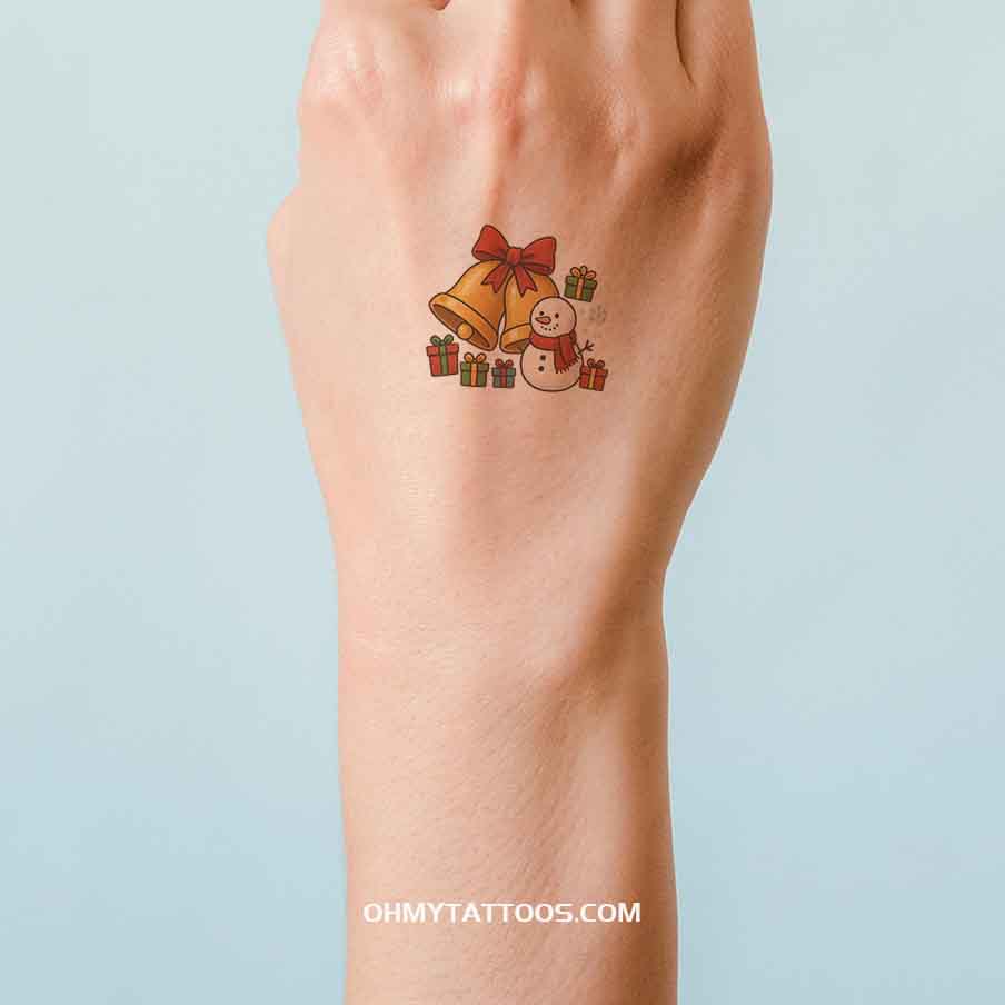 OHMYTATTOOS Christmas Snowman with Bells and Presents Temporary Tattoo(Set of 3)
