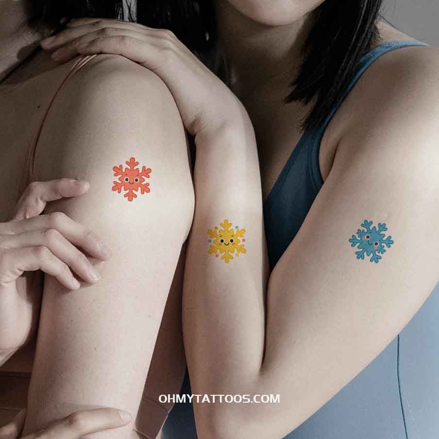 OHMYTATTOOS Colorful Smiling Snowflake Temporary Tattoo(Set of 3)