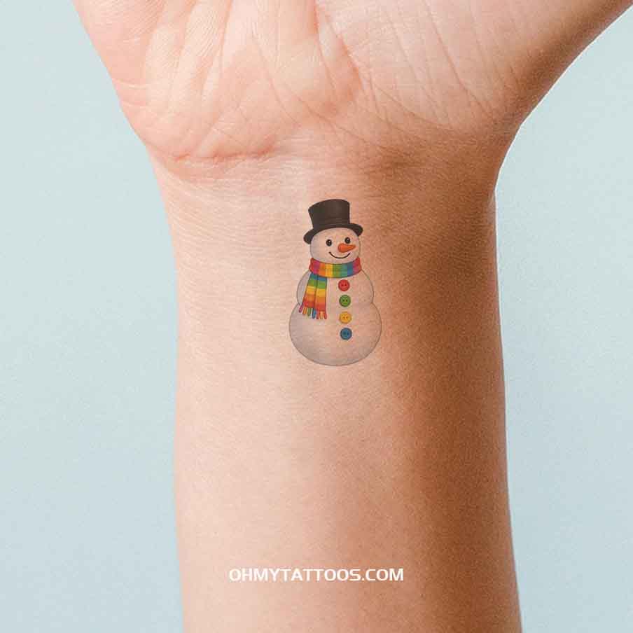 OHMYTATTOOS Colorful Snowman with Rainbow Scarf Temporary Tattoo(Set of 3)