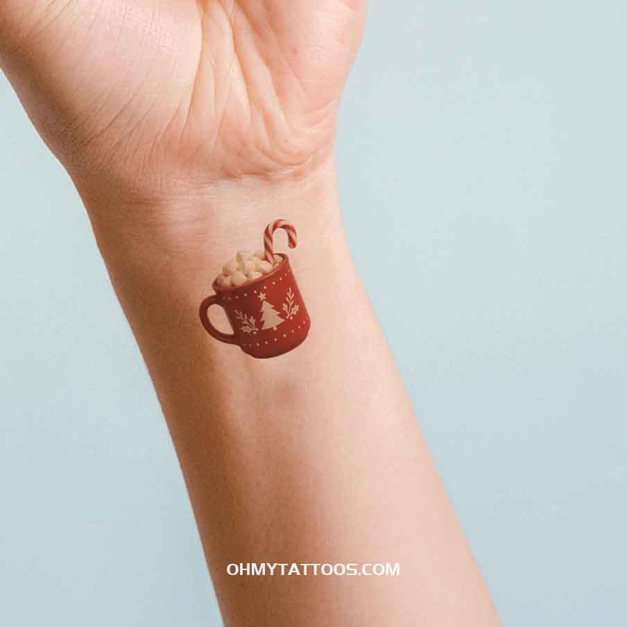 OHMYTATTOOS Cozy Christmas Hot Chocolate Mug with Marshmallows Temporary Tattoo(Set of 3)