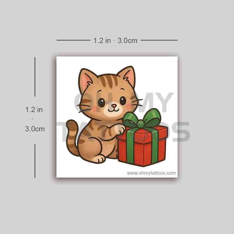 OHMYTATTOOS Cute Cat with Christmas Present Temporary Tattoo(Set of 3)