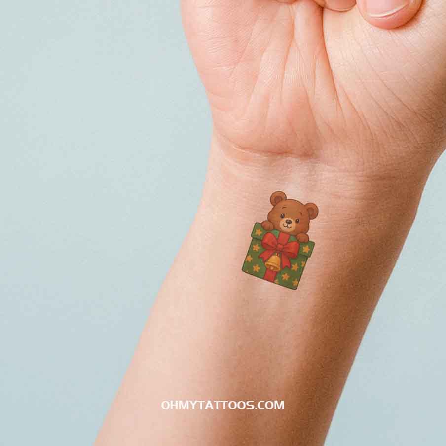OHMYTATTOOS Cute Christmas Present with Teddy Bear Temporary Tattoo(Set of 3)