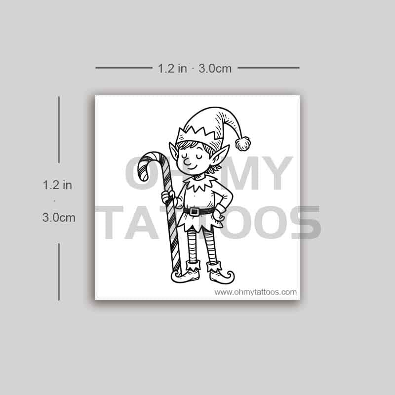 OHMYTATTOOS Elf with Candy Cane Temporary Tattoo(Set of 3)