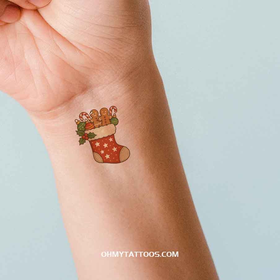 OHMYTATTOOS Festive Christmas Stocking with Gingerbread, Candy Canes, and Ornaments Temporary Tattoo(Set of 3)