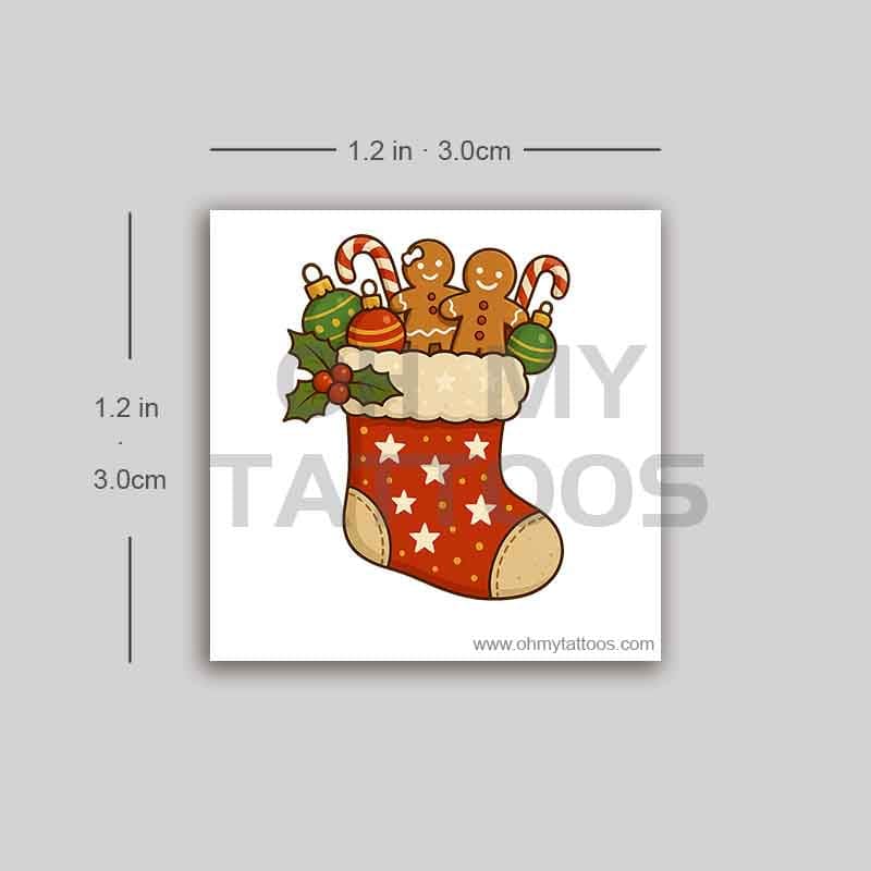 OHMYTATTOOS Festive Christmas Stocking with Gingerbread, Candy Canes, and Ornaments Temporary Tattoo(Set of 3)