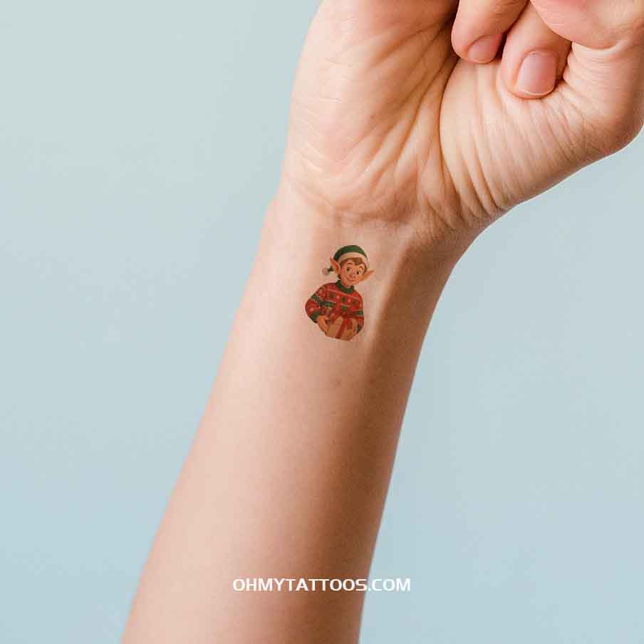 OHMYTATTOOS Festive Elf with Christmas Gift Temporary Tattoo(Set of 3)