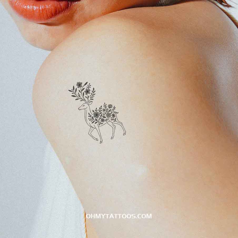 OHMYTATTOOS Floral Reindeer Elegance Temporary Tattoo(Set of 3)