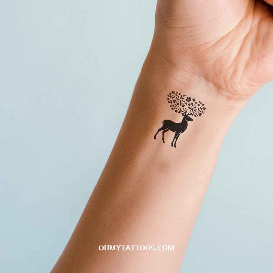 OHMYTATTOOS Floral Reindeer Temporary Tattoo - Elegant Christmas Design(Set of 3)