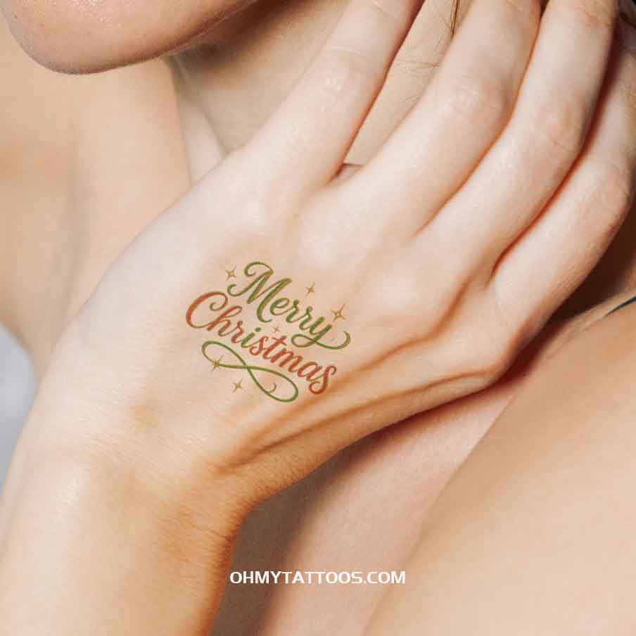 OHMYTATTOOS Glittery Merry Christmas in Red and Green Temporary Tattoo(Set of 3)