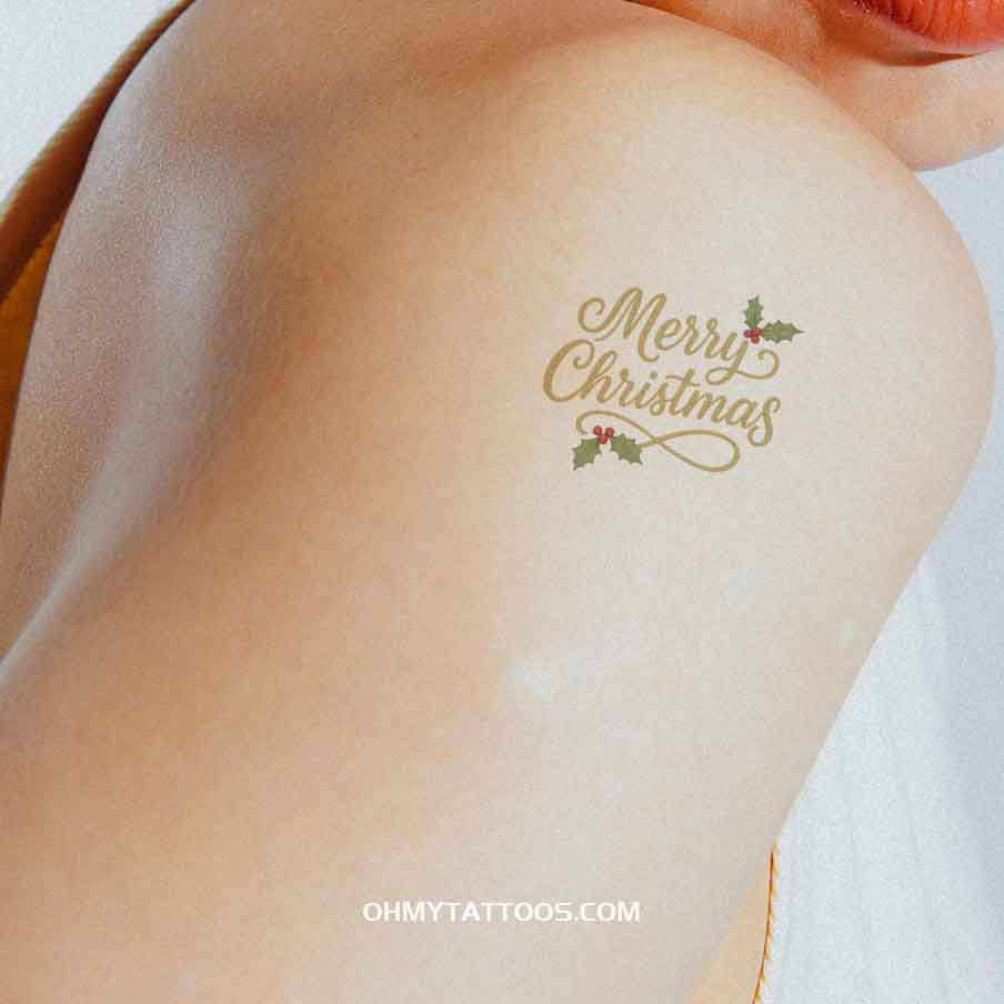 OHMYTATTOOS Glittery Merry Christmas with Holly Berries Temporary Tattoo(Set of 3)