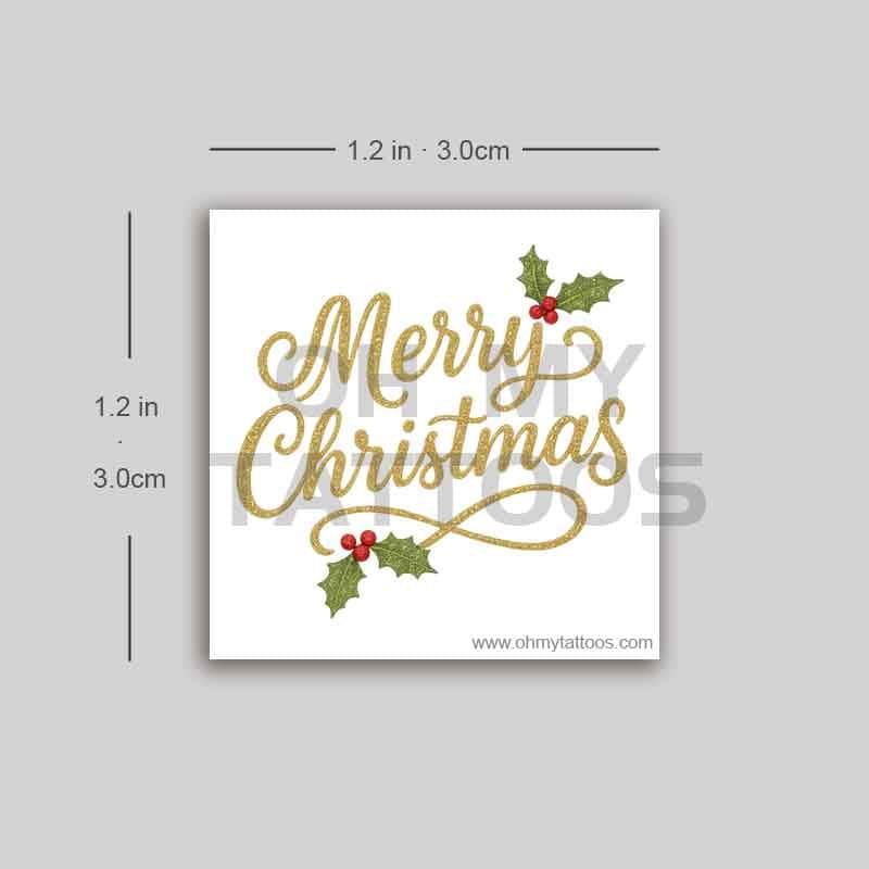 OHMYTATTOOS Glittery Merry Christmas with Holly Berries Temporary Tattoo(Set of 3)