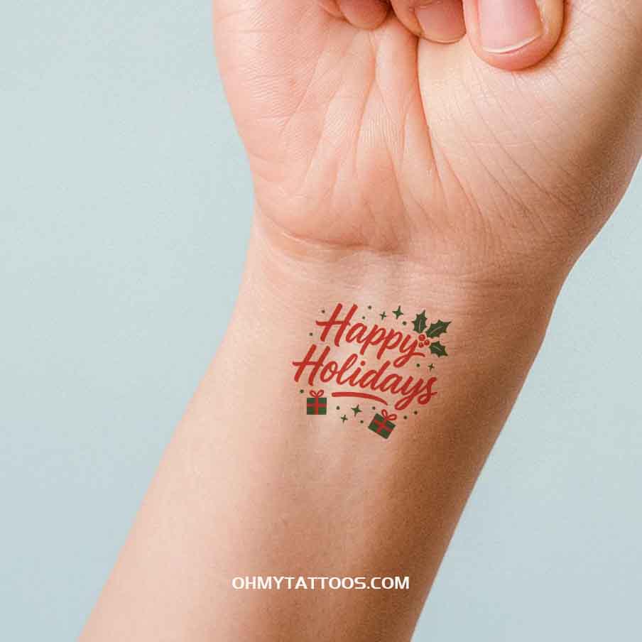 OHMYTATTOOS "Happy Holidays" Festive Message Temporary Tattoo(Set of 3)