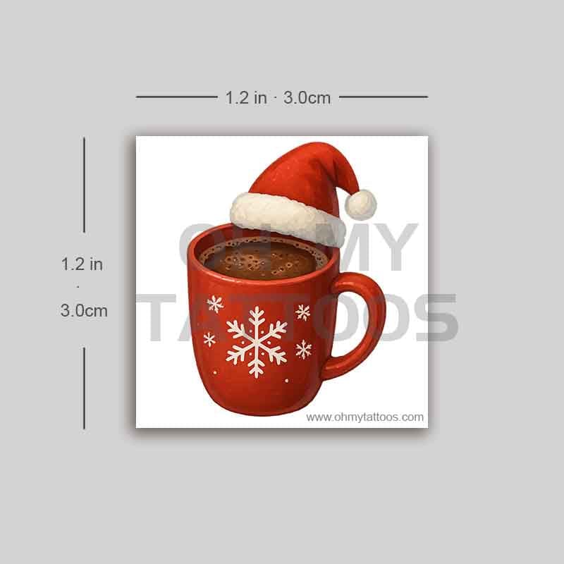 OHMYTATTOOS Hot Chocolate Mug with Santa Hat and Snowflakes Temporary Tattoo(Set of 3)