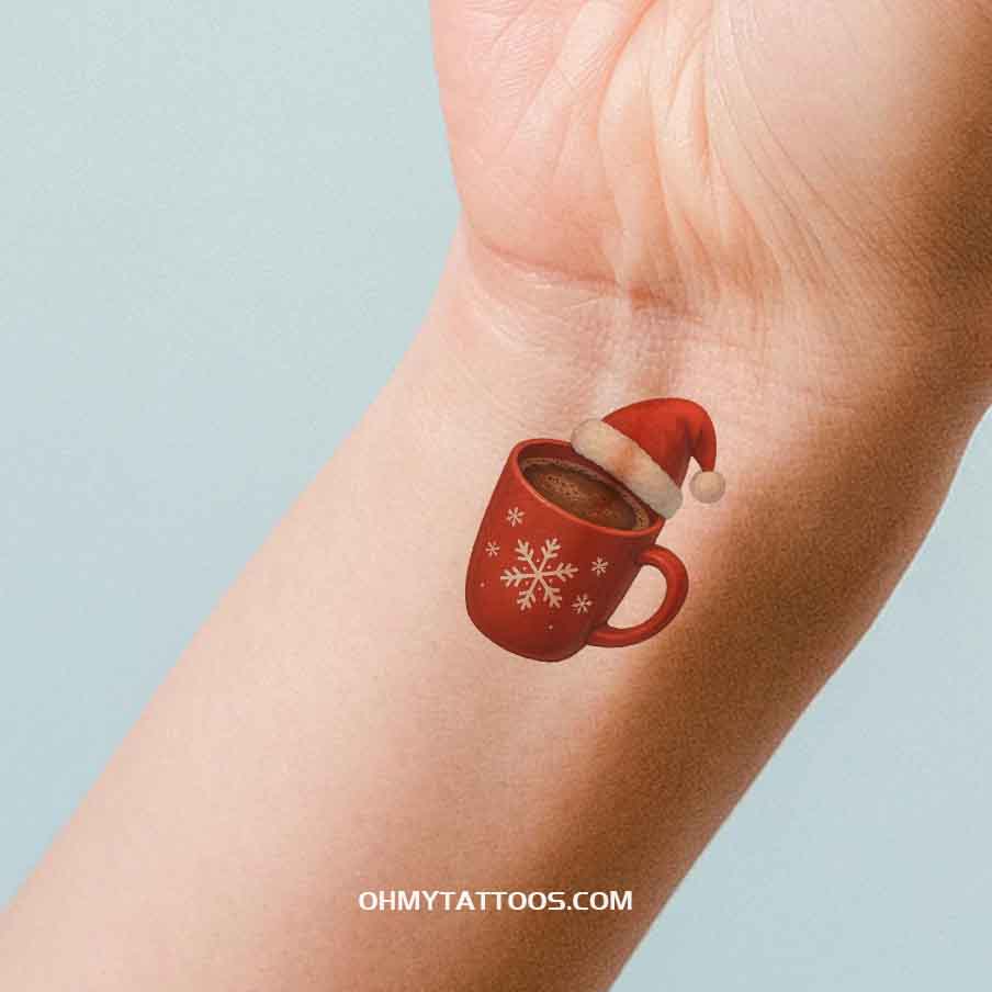 OHMYTATTOOS Hot Chocolate Mug with Santa Hat and Snowflakes Temporary Tattoo(Set of 3)