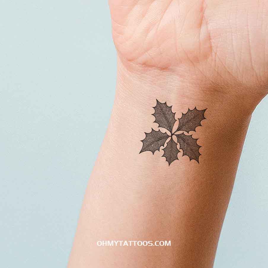 OHMYTATTOOS Intricate Black and White Holly Leaves with Detailed Patterns Temporary Tattoo (Set of 3)