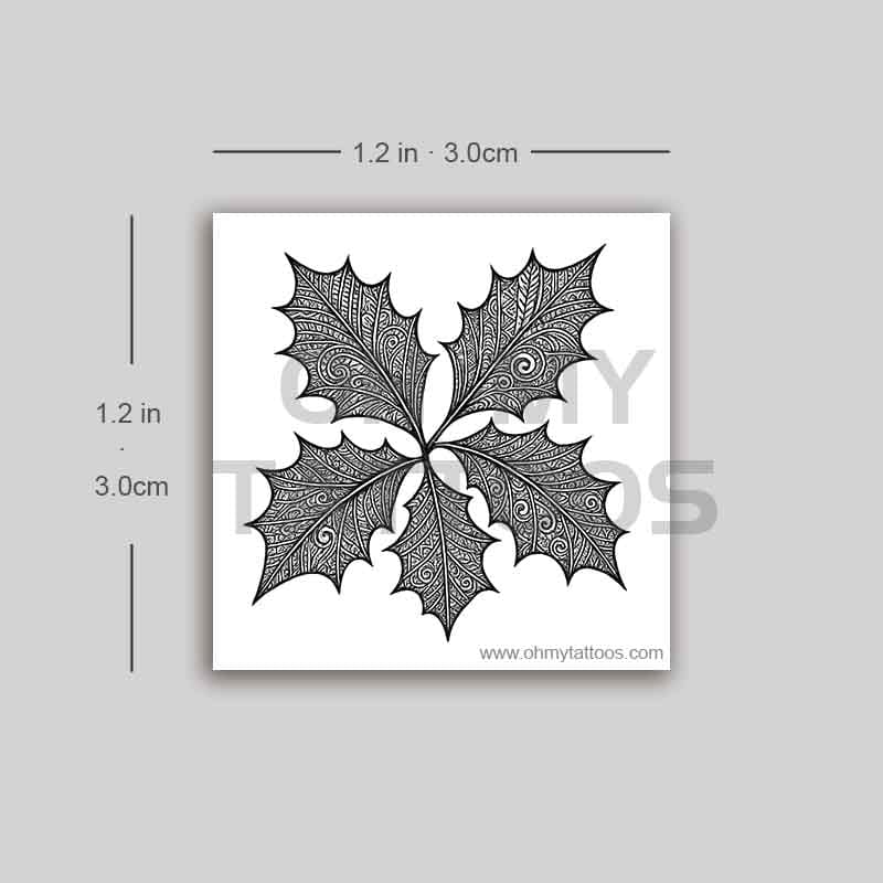 OHMYTATTOOS Intricate Black and White Holly Leaves with Detailed Patterns Temporary Tattoo (Set of 3)