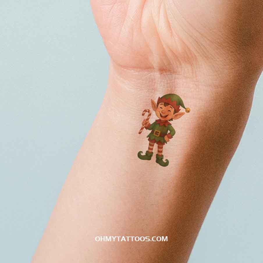 OHMYTATTOOS Jolly Christmas Elf with Candy Cane Temporary Tattoo(Set of 3)