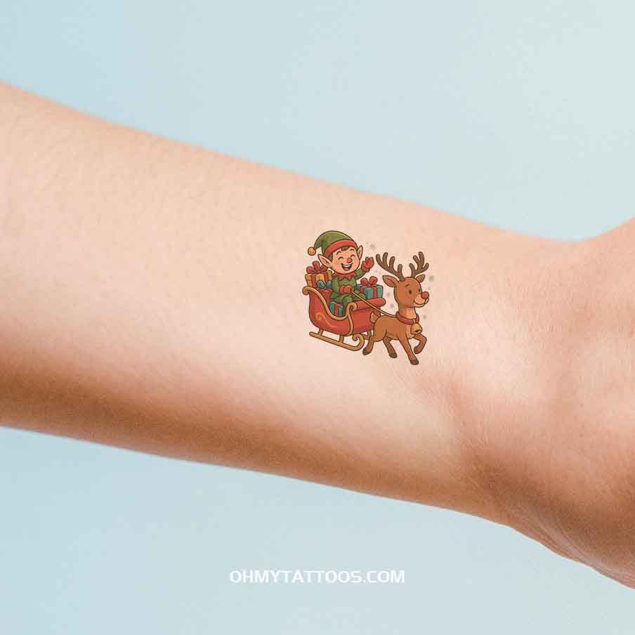 OHMYTATTOOS Jolly Elf Sleigh Ride with Reindeer and Gifts Temporary Tattoo(Set of 3)